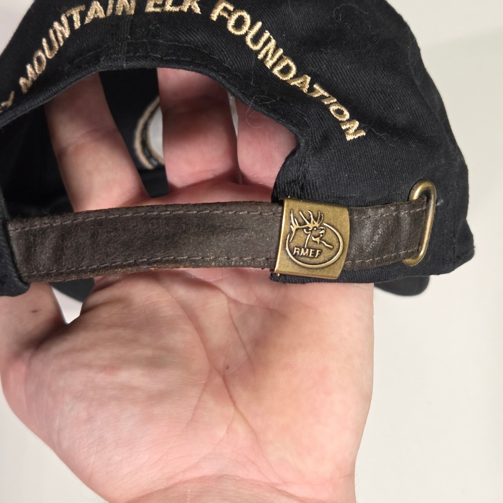 RMEF Rocky Mountain Elk Foundation Hat Life Member Cap Black Brown Leather Strap - Picture 6 of 10